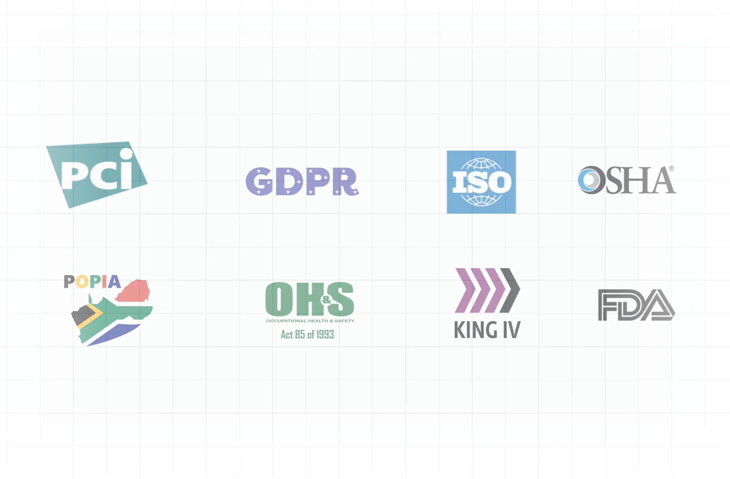 a grid of logos including pci gdpr iso oks fda and king iv