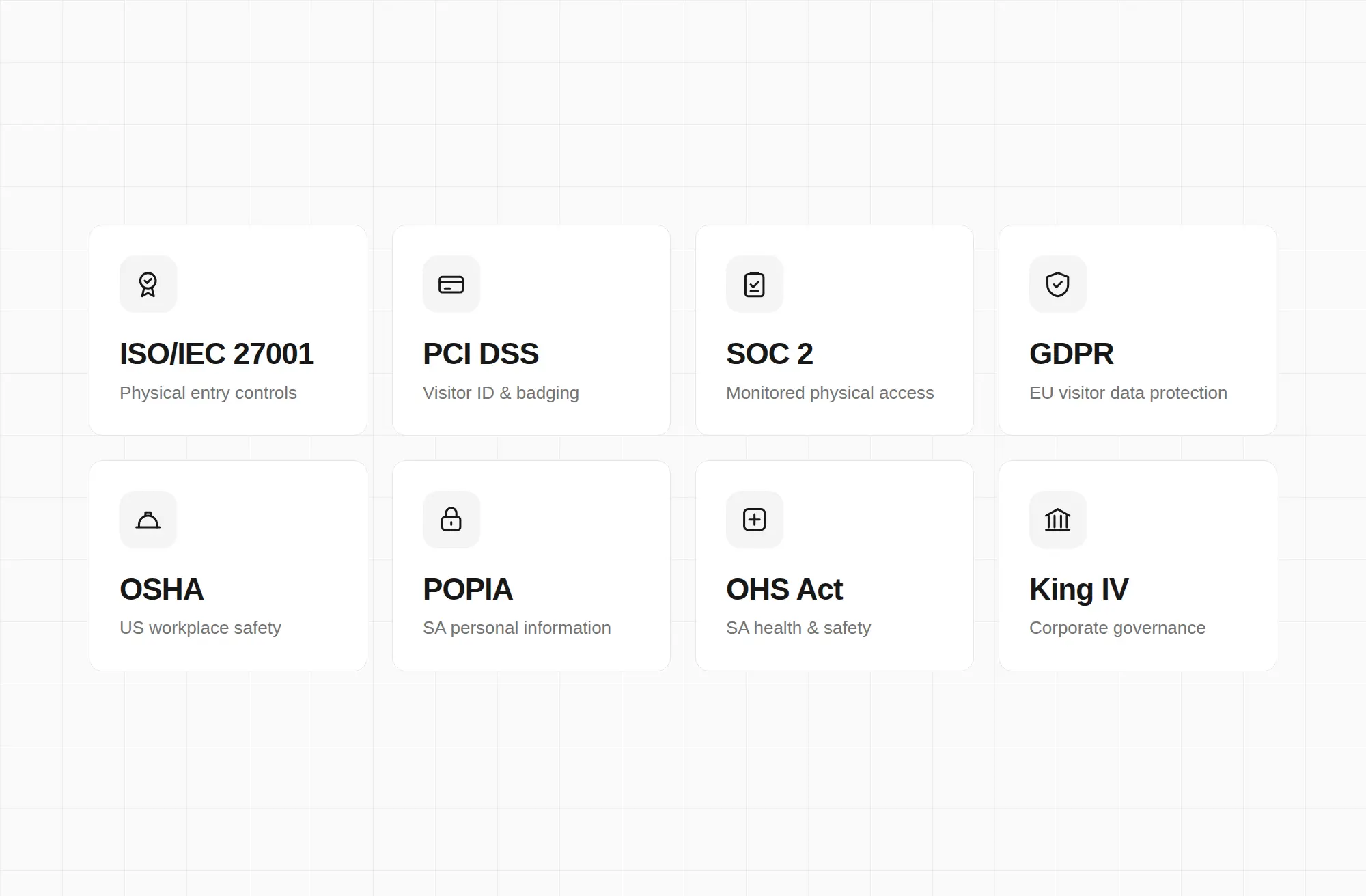 Eight white cards displaying various compliance and regulatory standards like ISO/IEC 27001, GDPR, and OSHA.